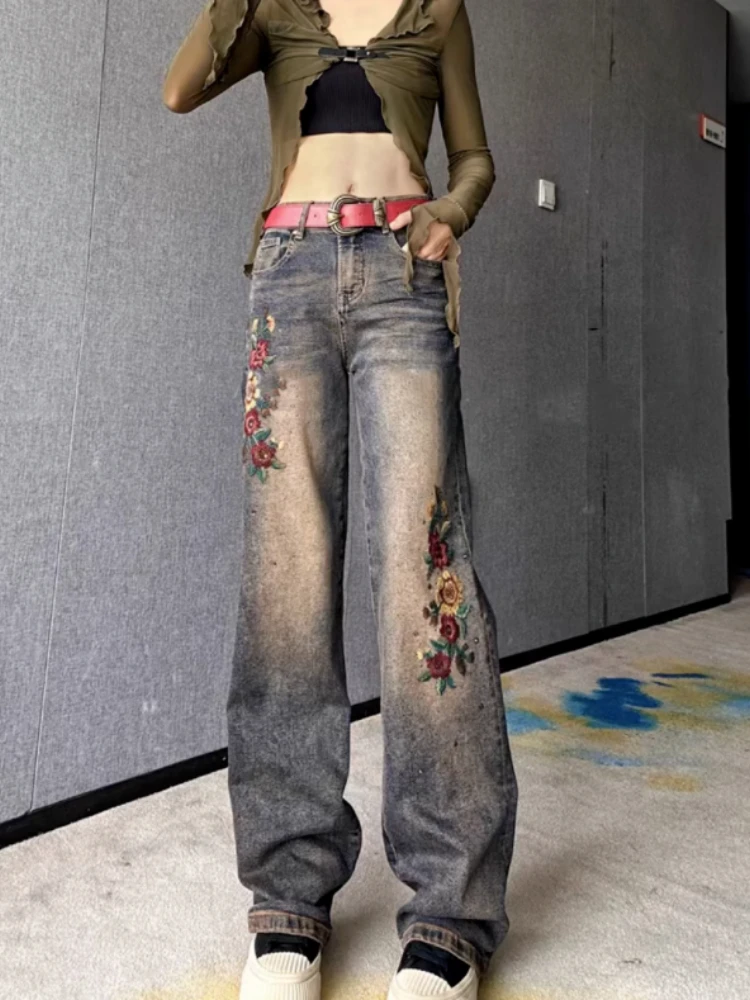 

Джинсы женские осенне-зимние новые тяжелые брюки с вышивкой камелии повседневные универсальные прямые брюки длиной до пола
