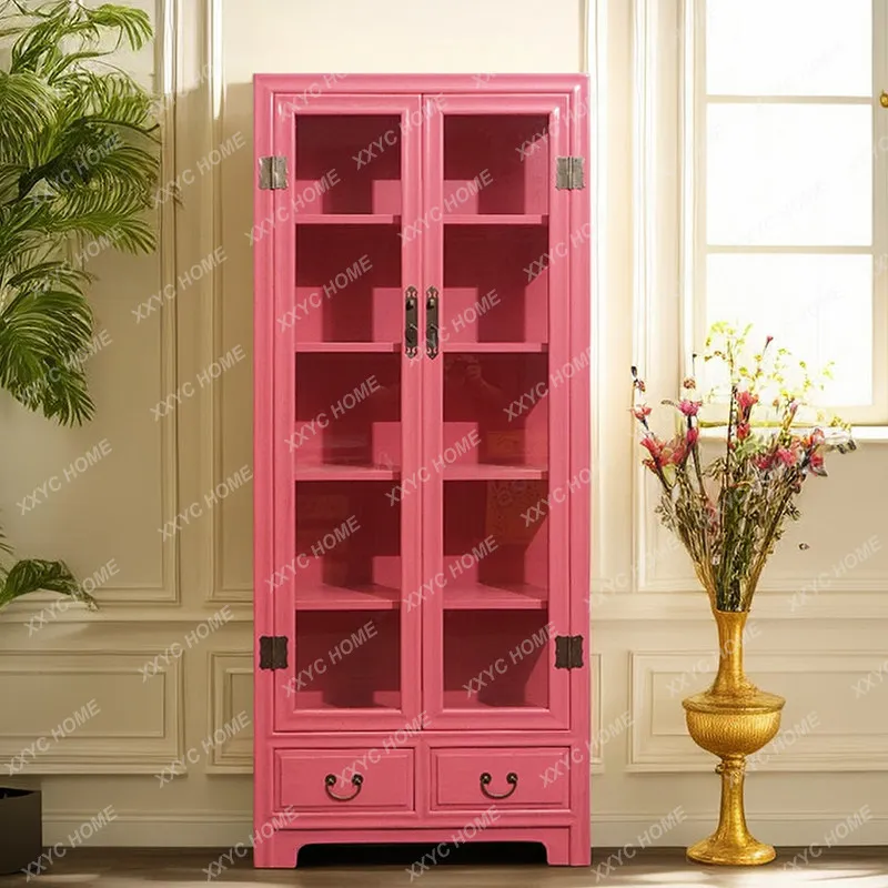 Chinese-style solid wood minimalist wine cabinet, living room bookcase, glass partition storage cabinet, decorative cabinet