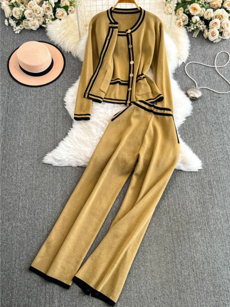 Y2k High Street Outfits Woman Solid Knitted Cardigan + Spaghetti Strap Vest + Wide Leg Pants Autumn Korean Chic 3-częściowy zestaw Nowy