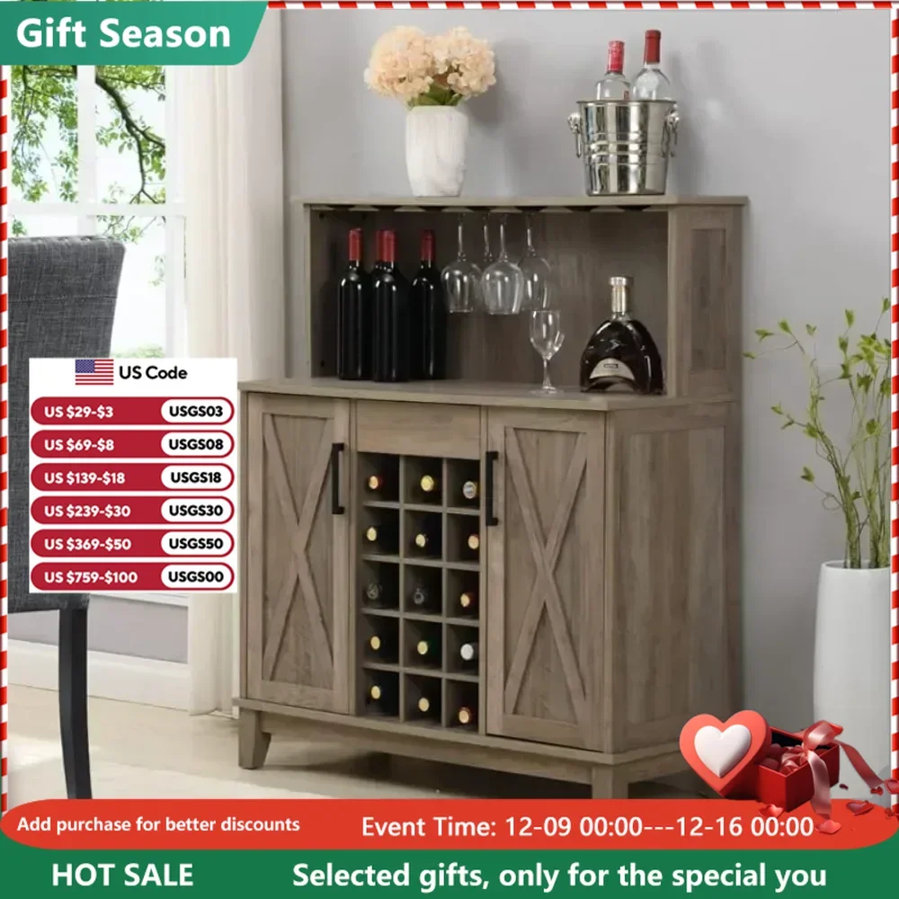 

Home Bar Cabinet with Wine Rack and Glass Doors, Refrigerator Racks Furniture, Built-in Wine Rack, Grey Wash- Solid, Bar Cabinet