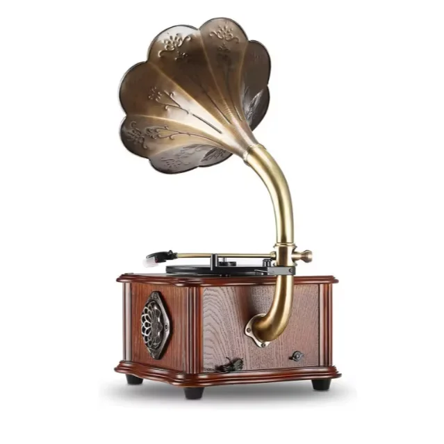 

YYHC Record Player Retro Turntable All in One Vintage Phonograph Gramophone for LP with Copper Horn Built-in Speaker