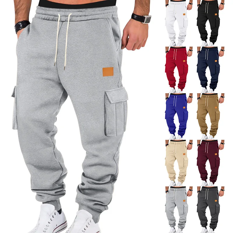 2025 Men's Sweatpants Autumn Winter Fleece Lined Sports Casual Long Pants Men Multi-flap pocket pants Cargo Pants Men