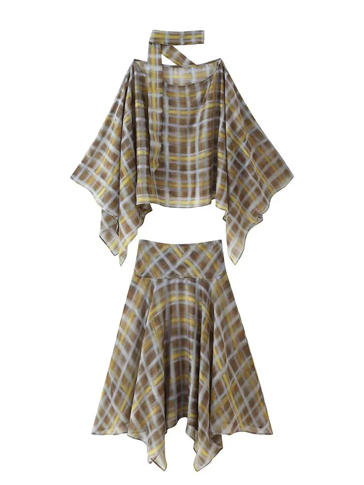 HH Women Fashion Plaid Skirts Suits Casual Loose Scarf Collar Cape Blouse Tops High Waist Midi Skirt 2026 Trend High Street Sets image 4
