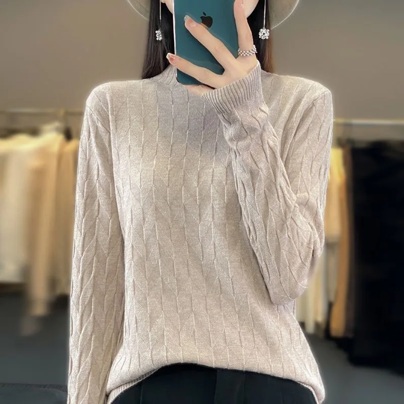 Autumn and Winter Fashion Lazy Style Solid Vintage Jacquard Half High Neck Loose Versatile Simple Slim Women\'s Knitted Sweater