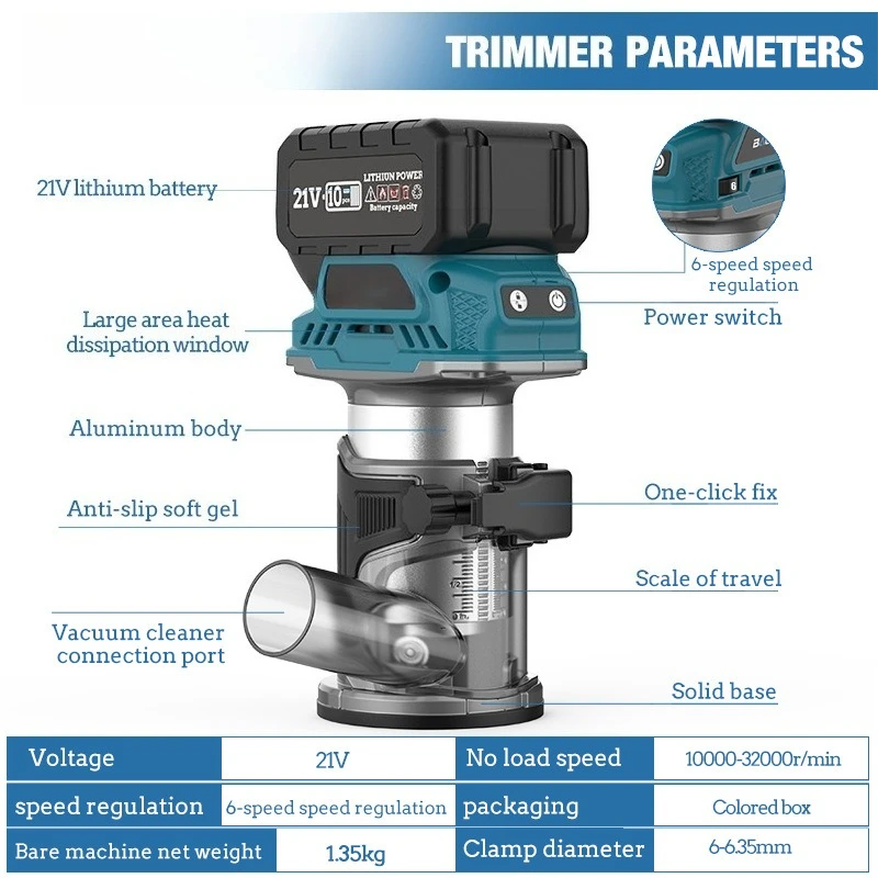 Brushless lithium battery trimming machine woodworking trimming digging carving woodworking board opening hole bakelite milling