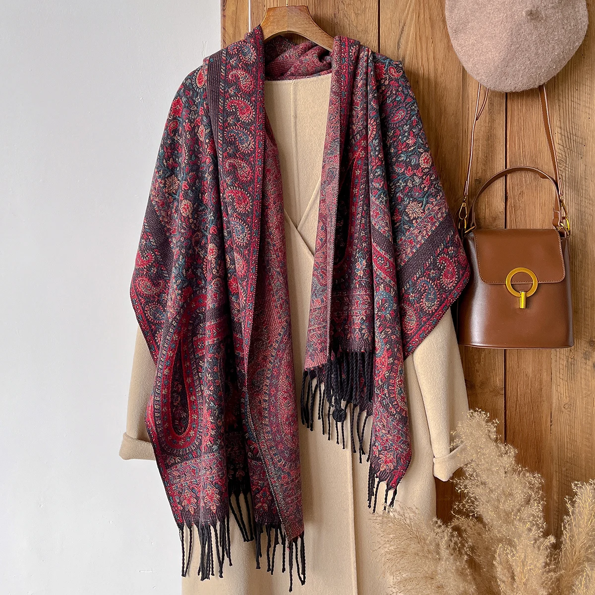 Brand Fashion Winter Cashmere Shawl for Women - Vintage Oil Painting Printed Floral Tasseled Pashmina Thick Scarf, Wrap & Echarp