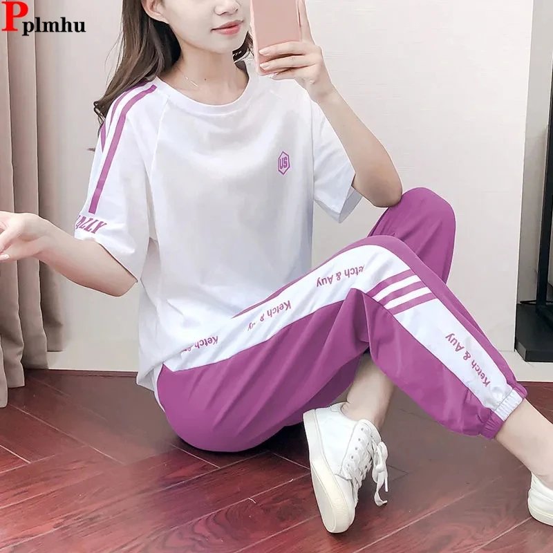 Casual Summer Two Piece Sets Printing Half Sleeve Tshirt Tracksuit High Waist Ankle-Length Harem Pants Suits Woman Jogger Outfit