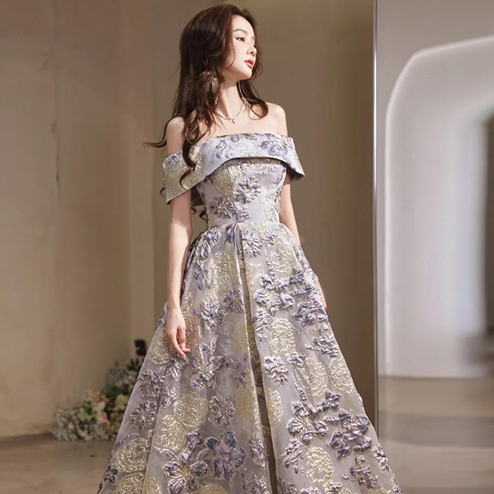 Light Luxury Women\'s Evening Dress Grey Flower Texture Printing Princess Dress Elegant Off Shoulder Floor Length A-Line Vestido