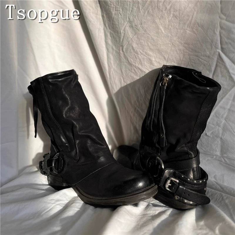 

Women New Black Leather Punk Style Knight Boots Round Toe Pleaed Belt Buckle Thick Heels Western Cowboy Boots