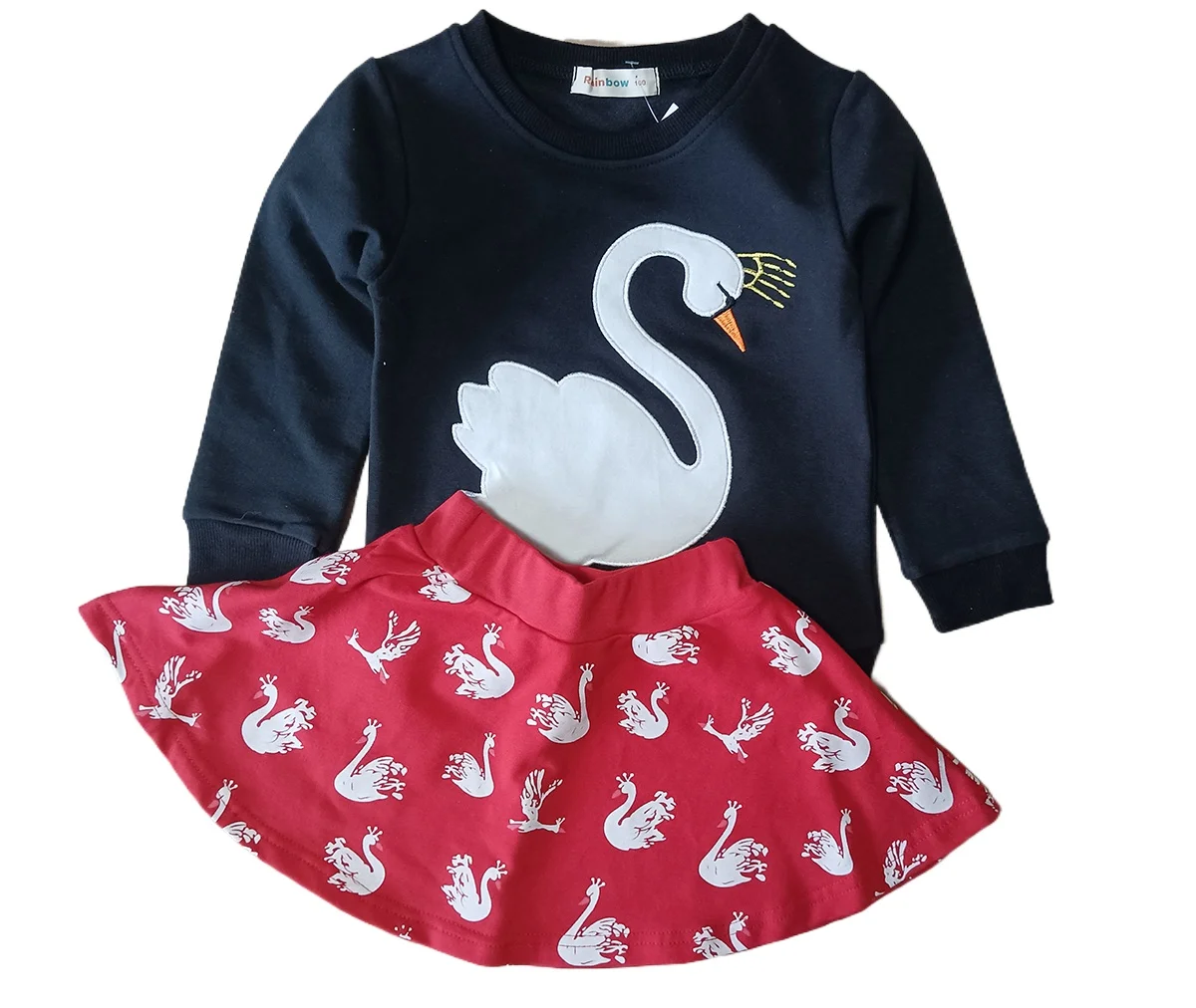 

Spring New clothig Set for girls clothes autumn Sweet swan printing t shirt and skirt Two Piece Set