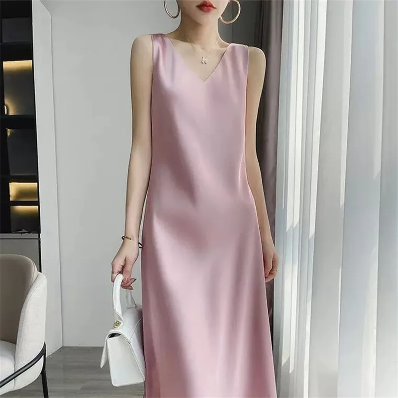 New Korean Harajuku Satin silk Party Dress Casual Sundress 2024 Summer Elegant Women Acetate satin Dress Vestido Mujer