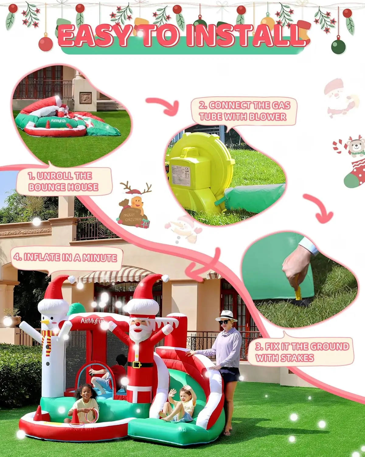 AirMyFun عيد الميلاد موضوع نفخ ترتد البيت، توسيع سريع للمروحة المستقلة - متعة العطلة تسمح الفرح القفز في المنزل! #6