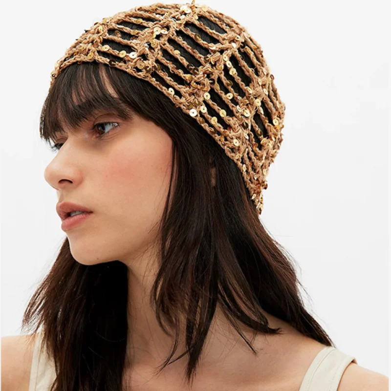 2026 Y2K Sequined Hollow Knitted Hat Korean Version Women Summer Fishnet Beanie Shiny Crochet Hood Seaside Fashion Sun Hat