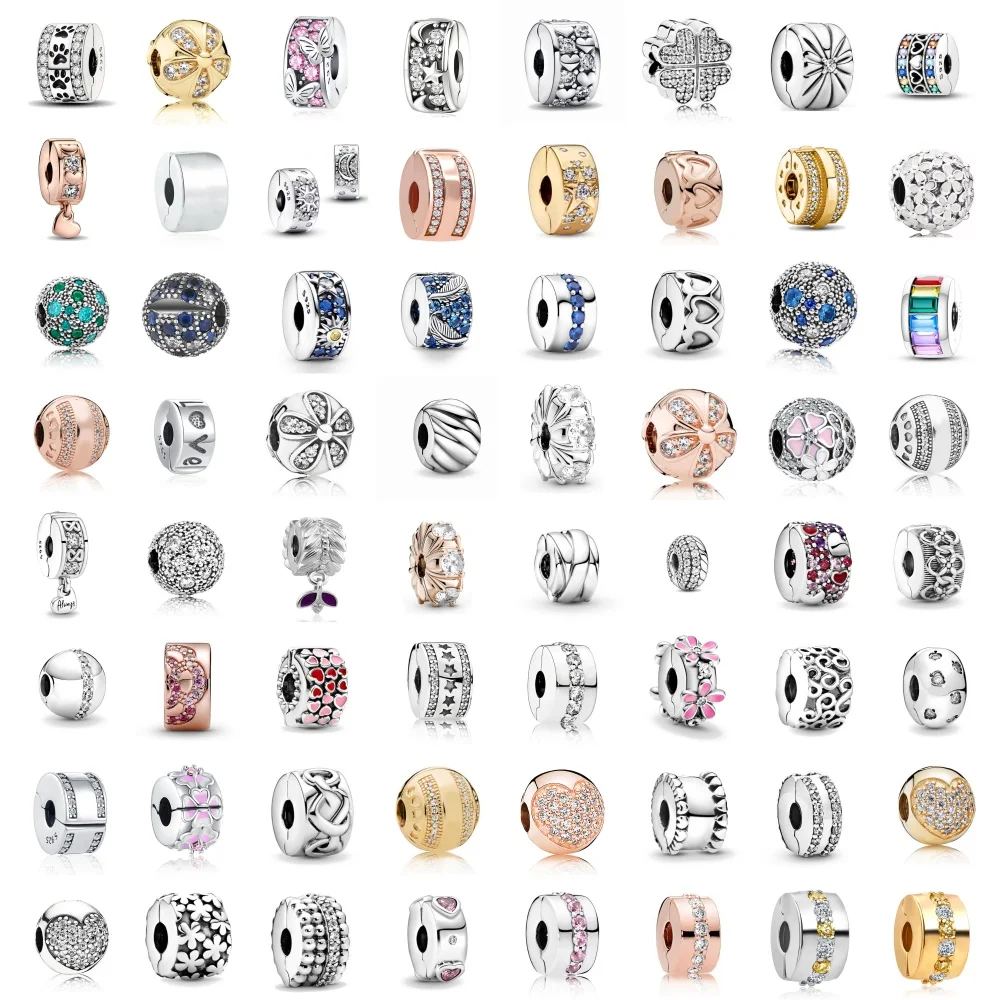 

﻿New 925 Silver Flower Rotundity Clip Beads Charms Zircon Love Butterfly Spacer Beads Fit Original Bracelet Women DIY Gift Party