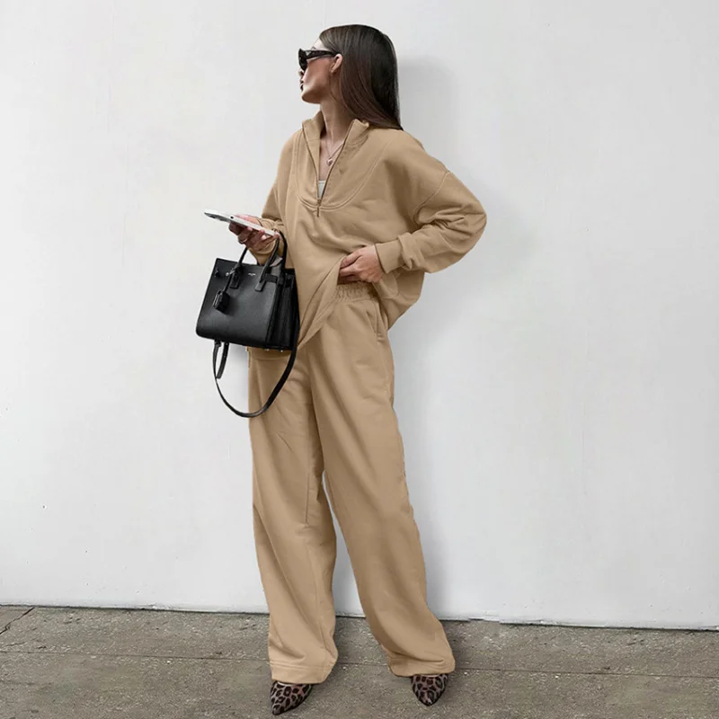 

2026 Two-Piece Set Women's Spring Fashion Khaki Sweatshirt Loose Casual Pants European And American Women's Clothing