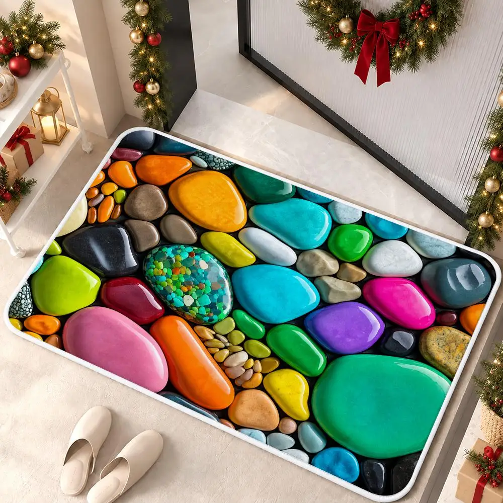 Jewel Pebble Mosaic Floor Mat Premium Flannel Bath Mat Anti-slip Cloud Feel Rug Durable Machine Washable Floor Carpet
