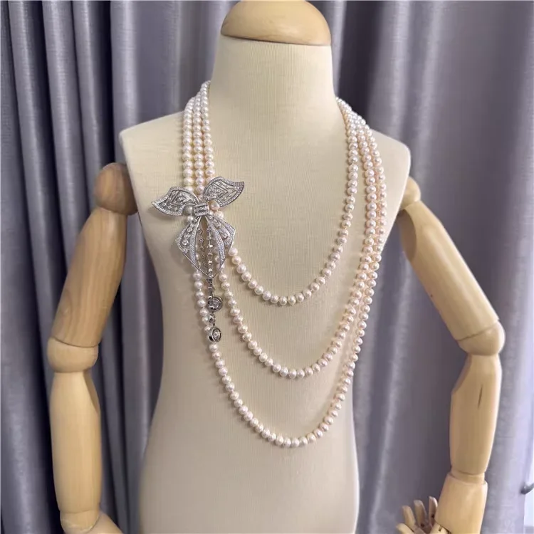 

38'' Long Natural White Pearl With Butterfly Brooch Long Necklace Handmade For Lady