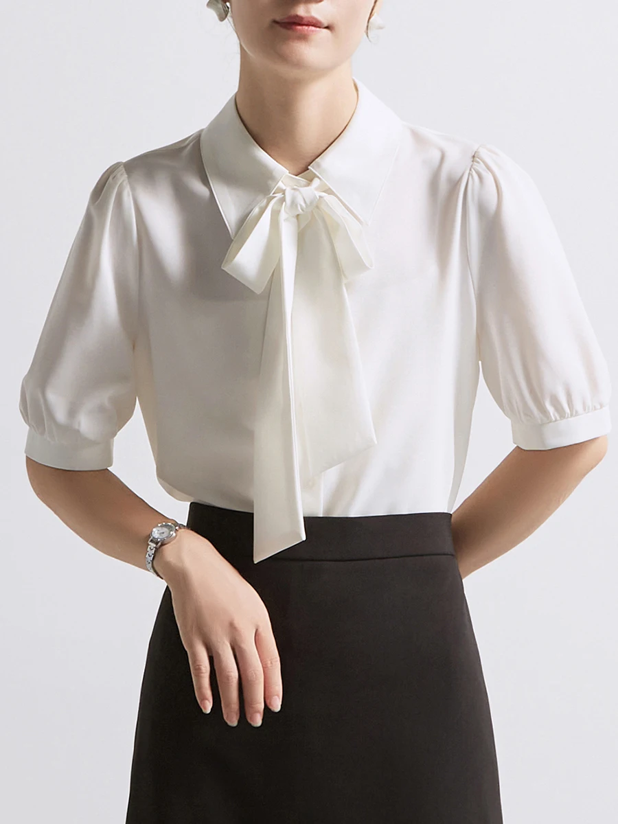 

CHICBLISS White Chiffon Shirt Women's Short Sleeve Summer Commute Knot Sash Interview Shirt Female OL Style Bubble ...