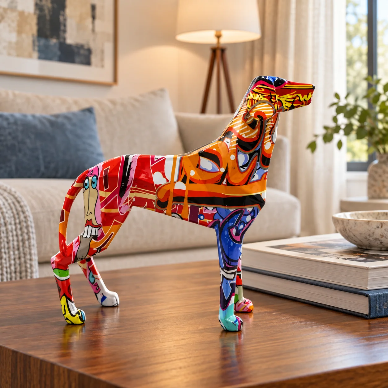 Colorful Dog Figurine Graffiti and Floral Pattern Decorative Statue for Living Room Desk Bookshelf Decor
