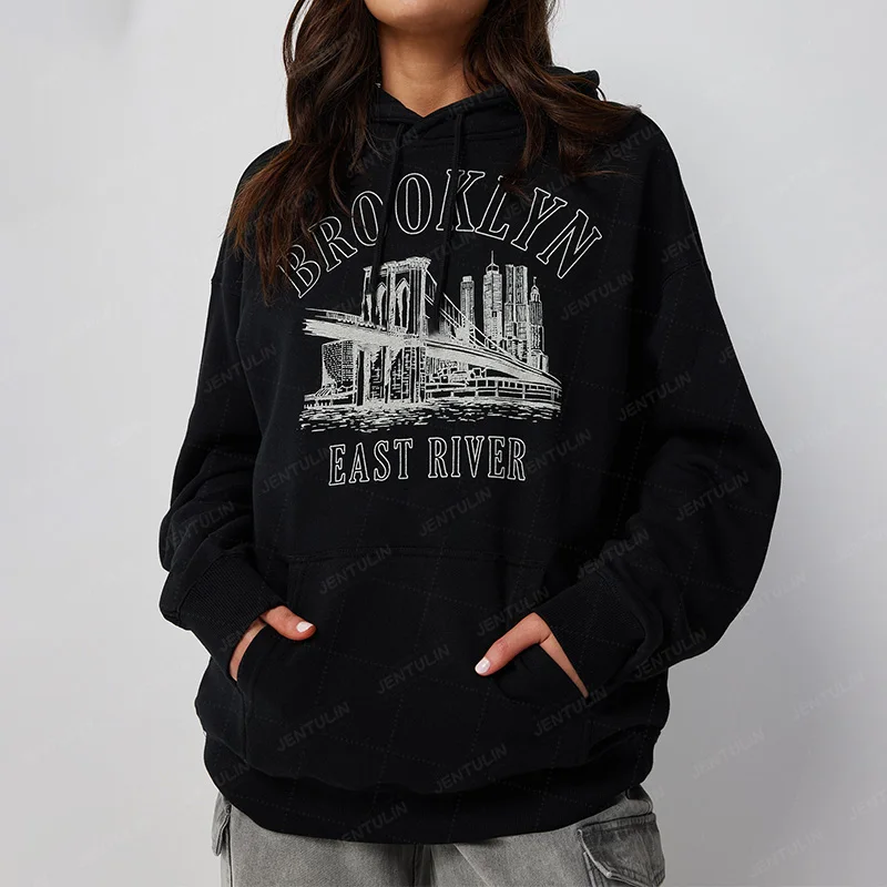 Hoodie bergaya jalanan tinggi wanita, mantel jaket longgar lengan panjang Brooklyn musim gugur musim dingin Y2k Harajuku kasual ukuran besar