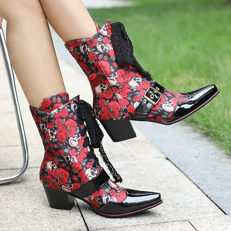 2024 new spring autumn women ankle boots plus size 22.5-28cm Printed flowers European and American style boots short boots