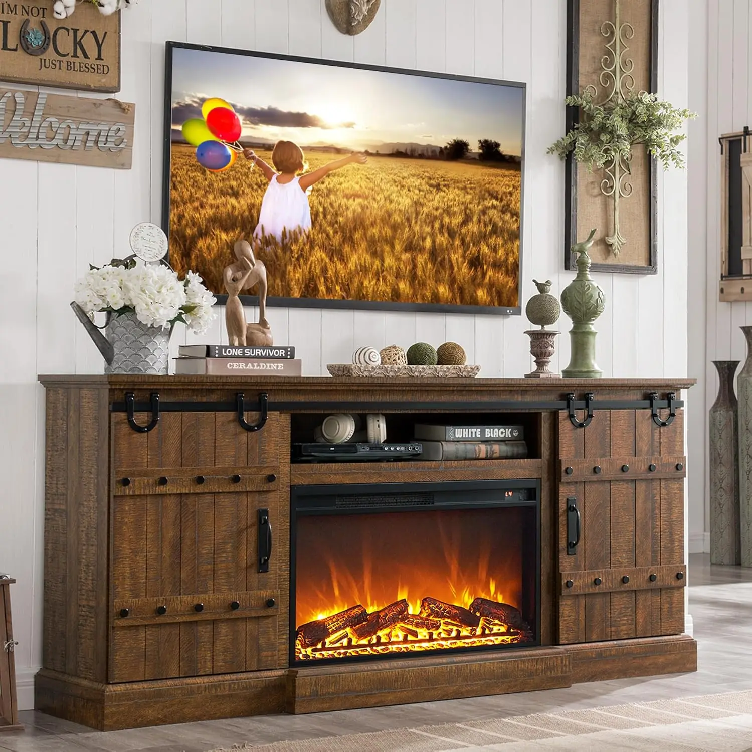 Fireplace TV Stand for 75 80 Inch TV, Farmhouse Highboy Entertainment Center with 30