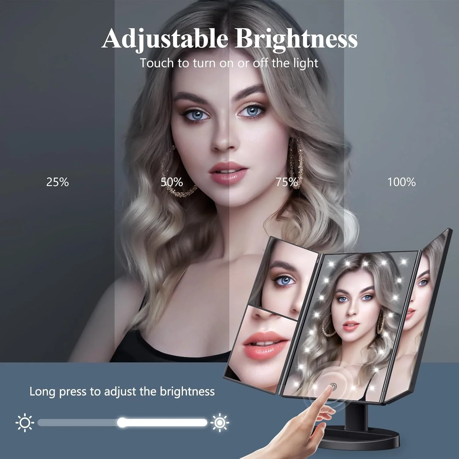 Makeup Mirror Vanity Mirror with Lights, 2X 3X 10X Magnification, Trifold Lighted Makeup Mirror, Touch Control, Dual Power Suppl