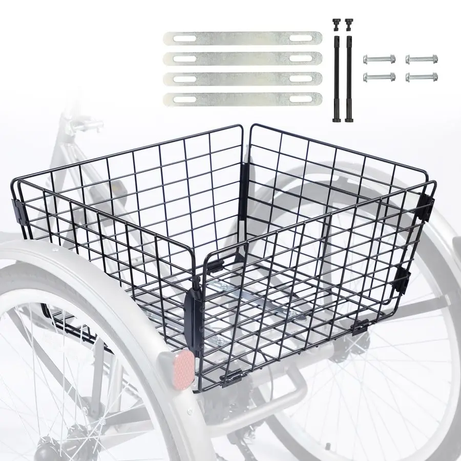 

Складная задняя корзина для трехколесного велосипеда, большая вместительная стальная корзина для трехколесных велосипедов 20, 24, 26 дюймов, черная