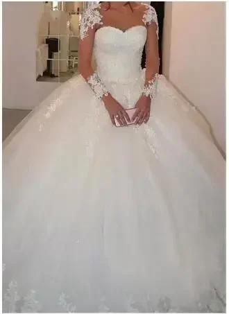 Personalizado appliqued frisado renda inchado vestido de baile personalizado vestidos de noiva tribunal trem mangas compridas apliques vestido de casamento