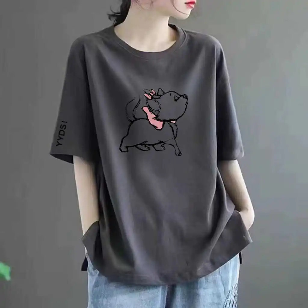 Cute  Print Color Block Short Sleeve T-Shirt Women's Clothing Brand Tagless Shoulder Appropriate Loose Fit Summer Top