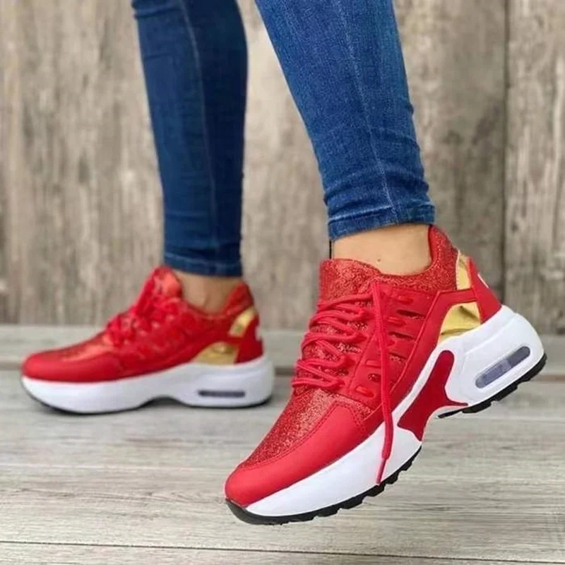 Sneakers 2022 Sepatu Olahraga Kasual Ukuran Plus Platform Wedge Fashion Baru Sepatu Wanita Berenda Jaring Bersirkulasi Sepatu Vulkanis Wanita