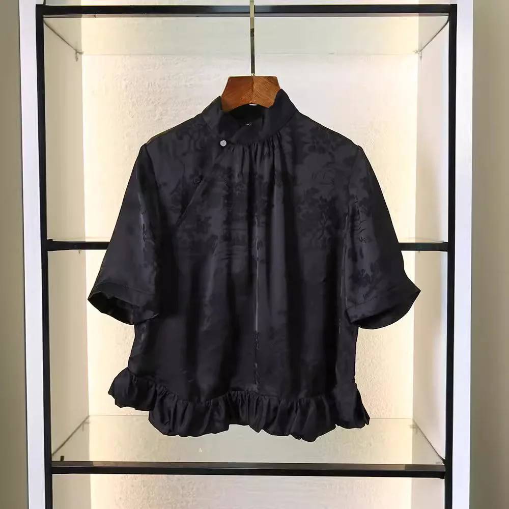 

MaSande High-End Women's irt New Chinese Sle Stand Collar Satin Floral Embroidery Lace Trim Summer New Arrival