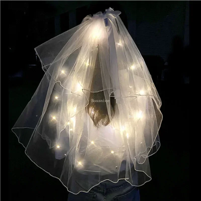 LED Light Glowing Veil Ribbon Bow Glitter VeilTwo Layers Bridal Wedding Veils Soft Tulle Bridal Veils Accessories