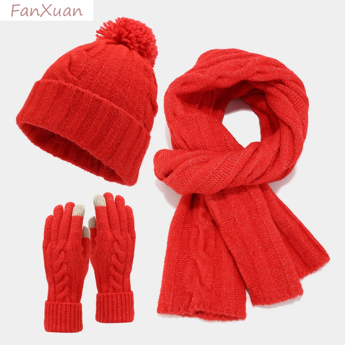 النساء الشتاء مجموعة 3 قطعة قبعة قفازات وشاح طويل تويست متماسكة قبعة الشتاء مجموعة بلون Pompom مجموعة دافئة بسيطة أسود رمادي أحمر وردي