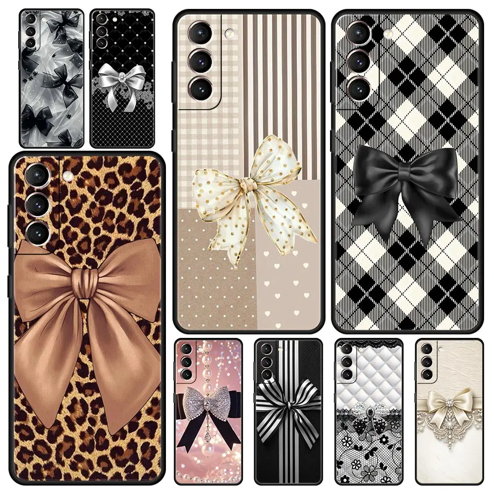 Phone Case Cover for Samsung Galaxy S26 S25 S24 S23 S22 S20 S21 FE Ultra S25Edge Plus Soft TPU Black Bowknot Faux Pearl Painted