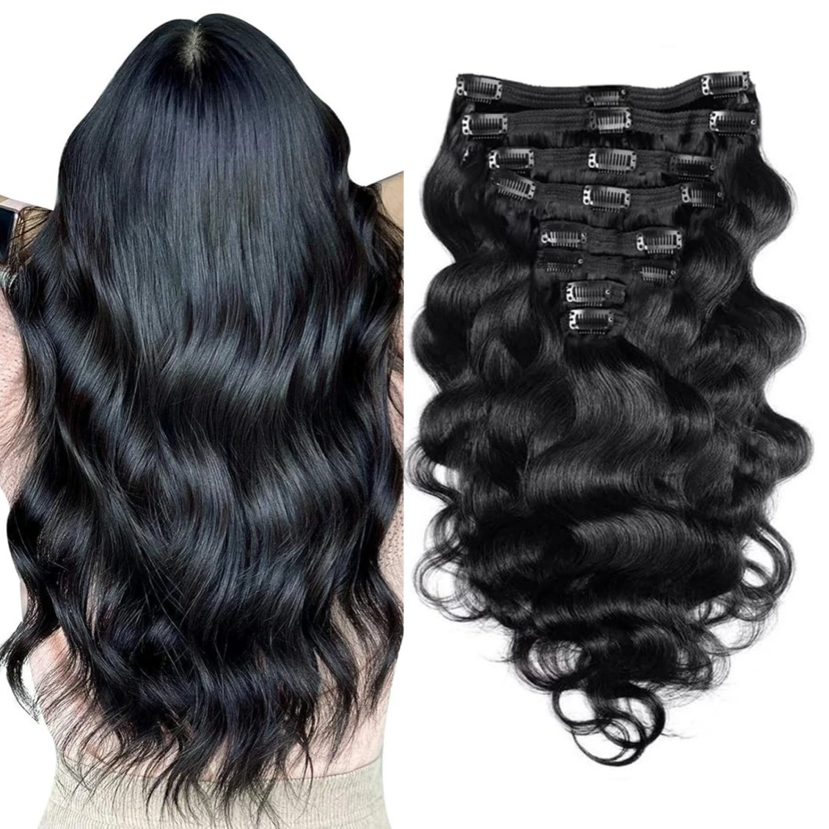 120g-8ピース-ボディウェーブ-クリップイン-ヘアエクステ-1b-ブラジリアンヘア-ナチュラルブラック-フルヘッド-クリップイン-人毛エクステ-女性用