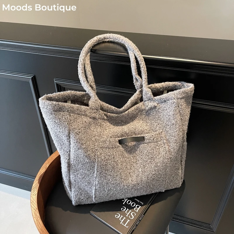 Felt Fabric Big Tote Bags For Women 2024 Winter Latest Trend Handbags Soft Pure Color Large Capacity Shopper Casual Totes Ladies