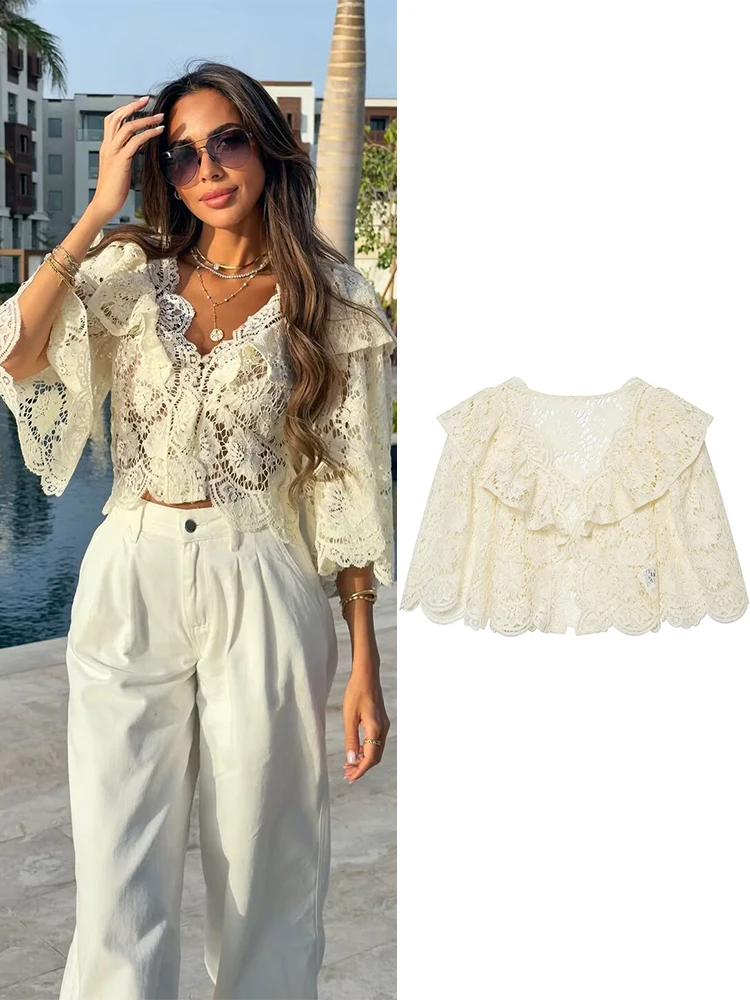 

TFMLN Women's French Lace Blouses Ruffle Edge Design Hollow Out Casual Blouse Fashion V-neck Elegant Thin Commuting Top Female