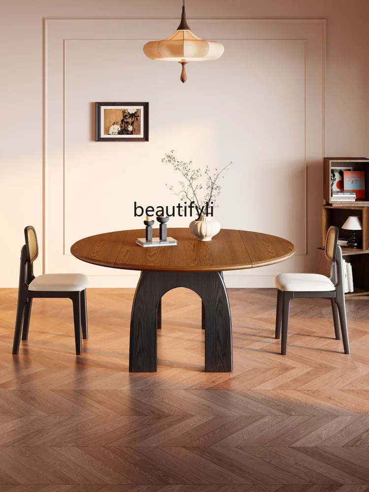 

French medieval style pure solid wood household small apartment can be used for both purposes walnut round table