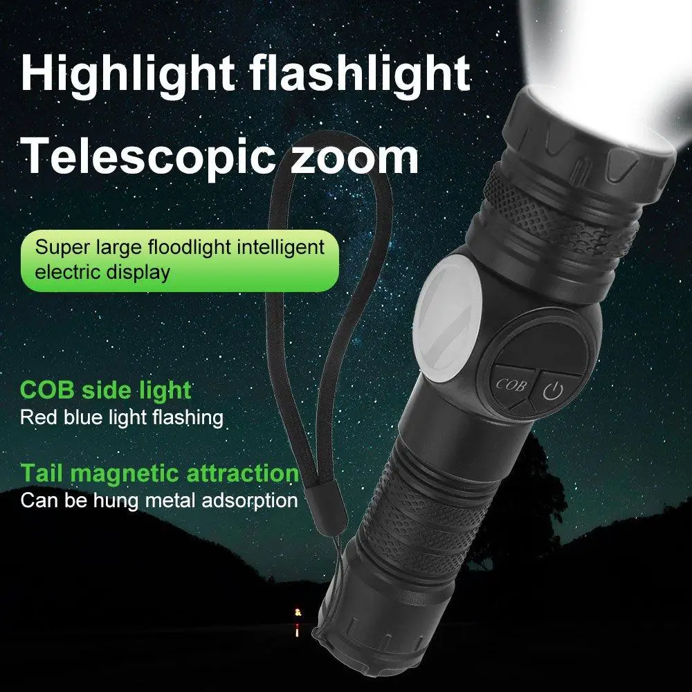 

USB Rechargeable LED Flashlight Searchlight Zoom Spotlight Display Torch COB Side Lamp Waterproof Camping Light Outdoor