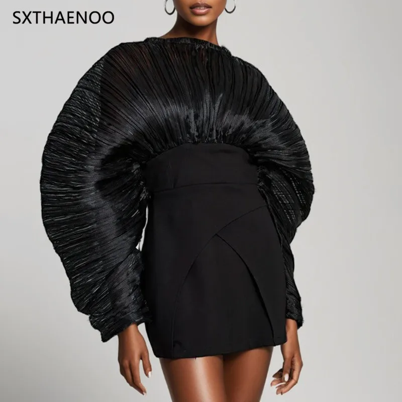 

SXTHAENOO Solid Slimming Fashion Mini Dresses for Women Round Neck Long Sleeves Patchwork Folds Dress Female Clothing Style 2025