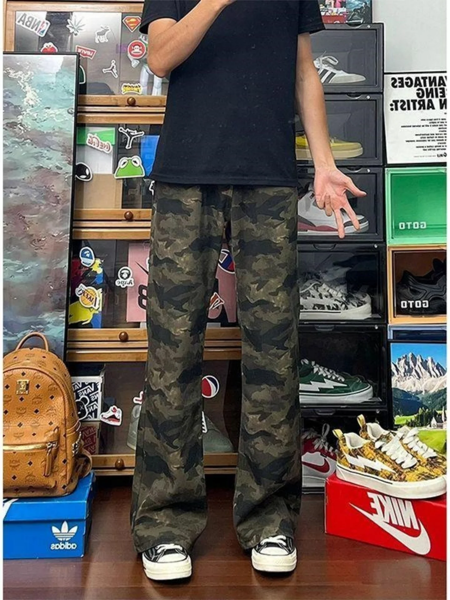 American Retro Camouflage Bell Bottom Men's Jeans High Street Loose Straight Leg Wide Leg Pants Slimming Long Pants