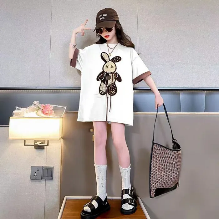 

2025 Summer Girl Long T-shirt Kids loose Tee Dresses bunny Children short Sleeve medium teen Vestidos Dress 5 6 7 8 9 12 year