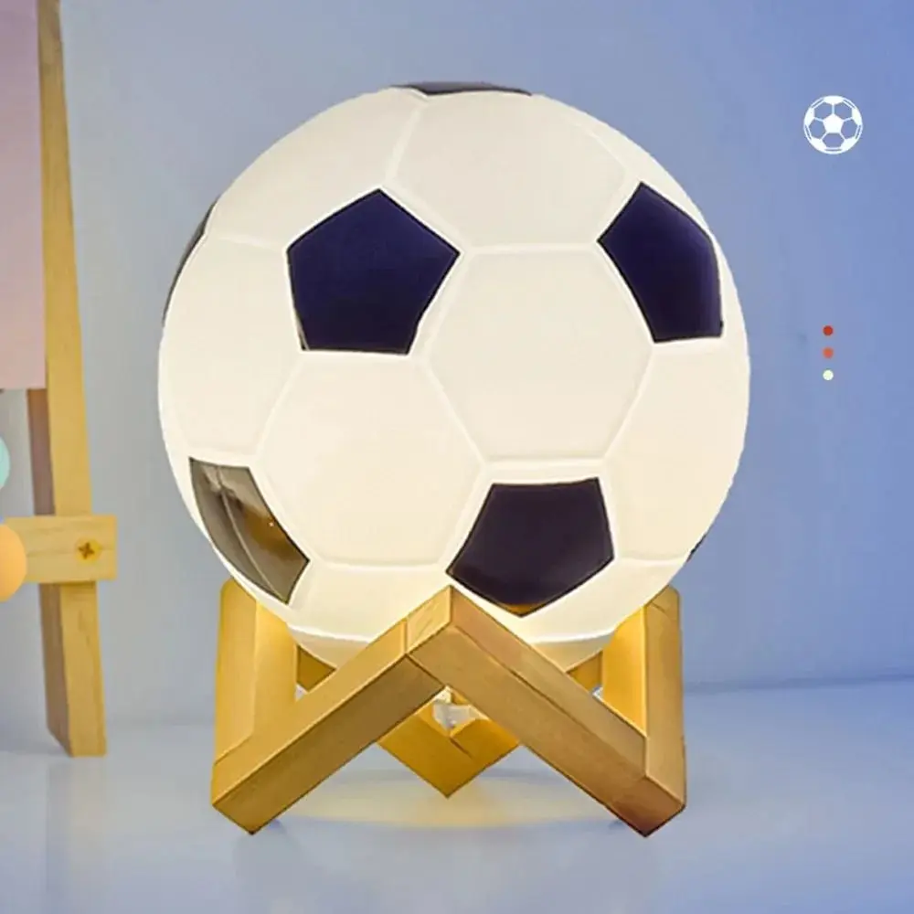 Solid Wood Base 3D Football Night Light 3 Colors Warm Light Creative Table Lamp Energy Saving Realistic LED Soccer Lamp Dorm