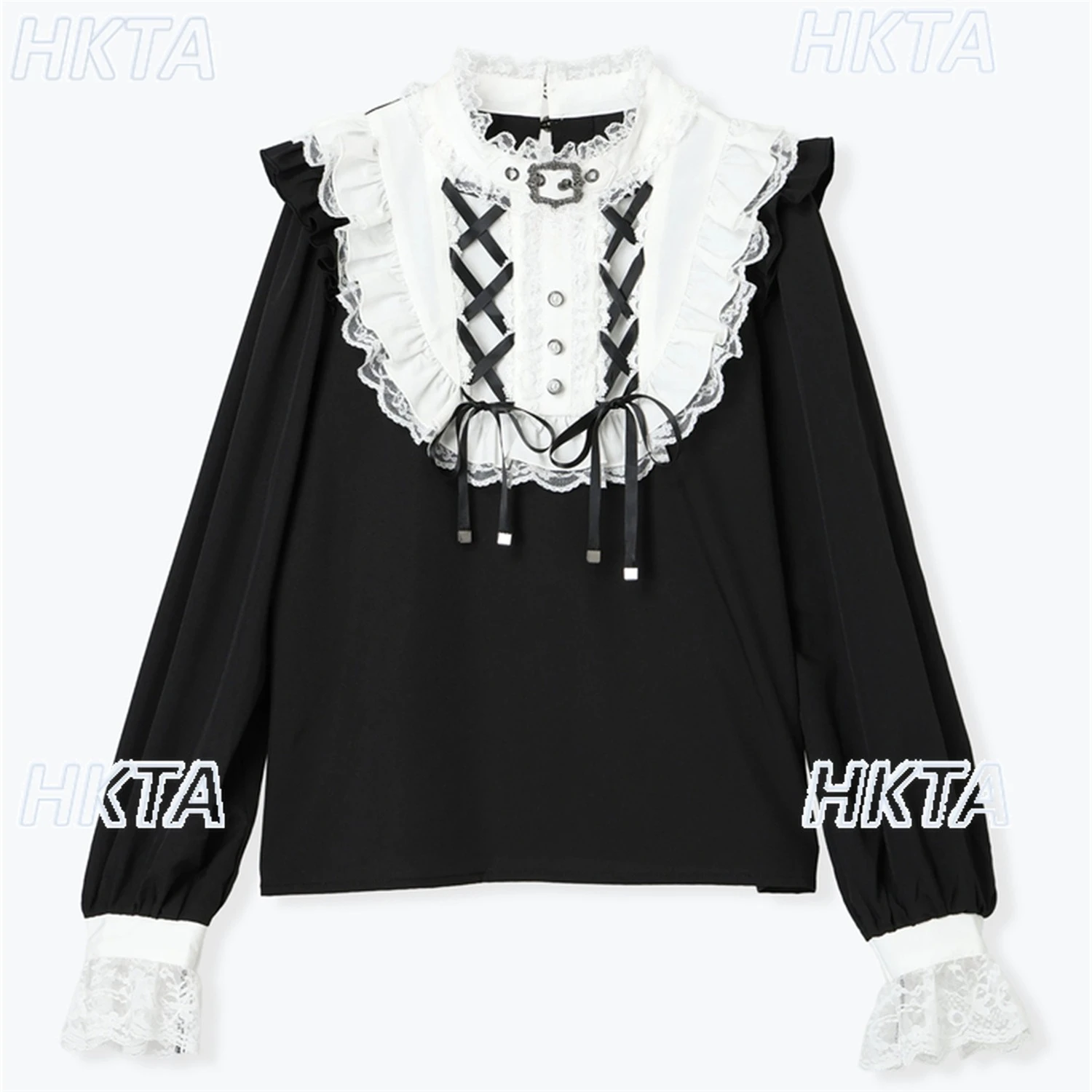 

Японская субкультура Y2k Кружева с грибковым краем на шнуровке воротник с длинным рукавом Милая рубашка Топы Женские осенние милые универсальные черные блузки