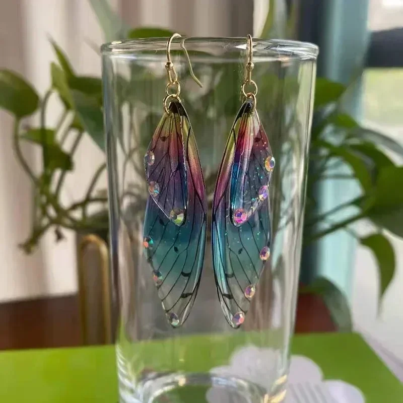 Gradient Color Women Earring Beautiful Silver Cicada Wings Earhook Colorful Large Butterfly Temperament Immortal Dangle Earrings