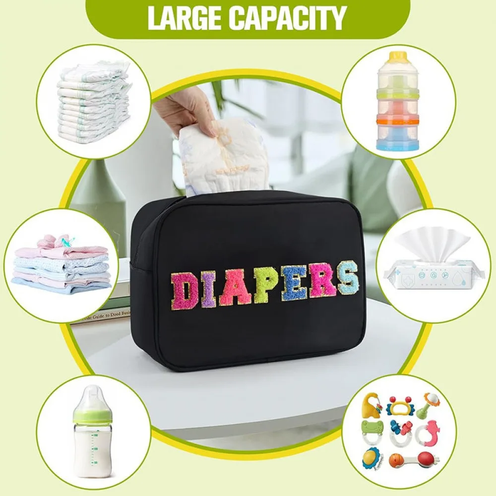 

QB Large Capacity Waterproof Diaper Storage Bag, Fashionable Letter Embroidery Towel Diaper Bag for Mother and Baby Travel Suppl