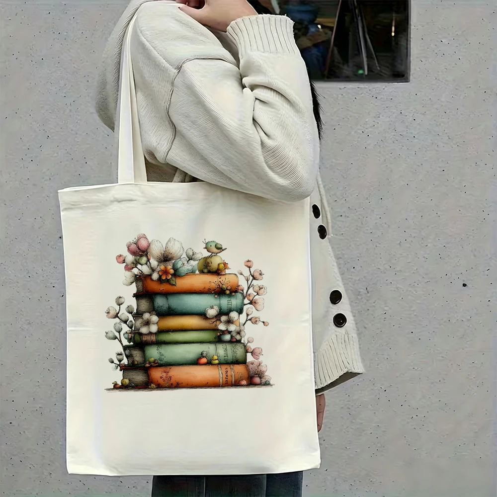 Aesthetic Floral Book Canvas Tote Bags for Women Cottagecore Teacher Student Print Large Capacity Shoulder Grocery Handbag