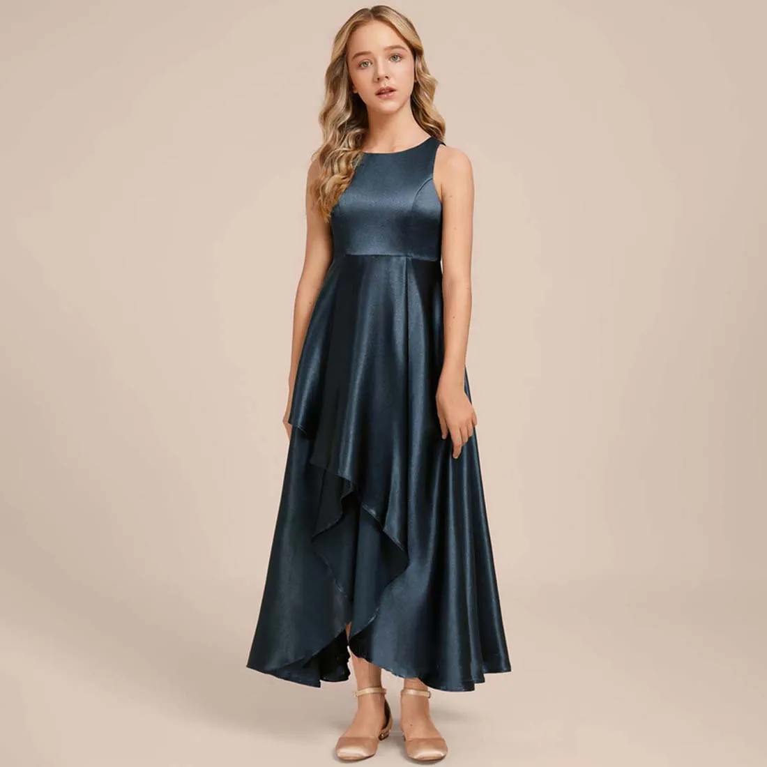 

GIOIO A-line Scoop Asymmetrical Stretch Satin Junior Bridesmaid Dress Flower Girl Dress Party Wedding