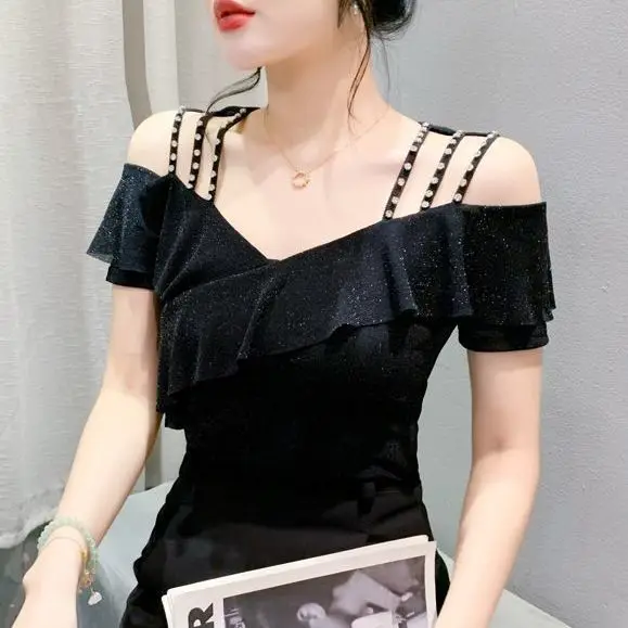 

V-neck Off-shoulder Lotus Leaf Lace Top 2025 Summer New Slim Fit Slim Beaded Mesh Short-sleeved Pullover